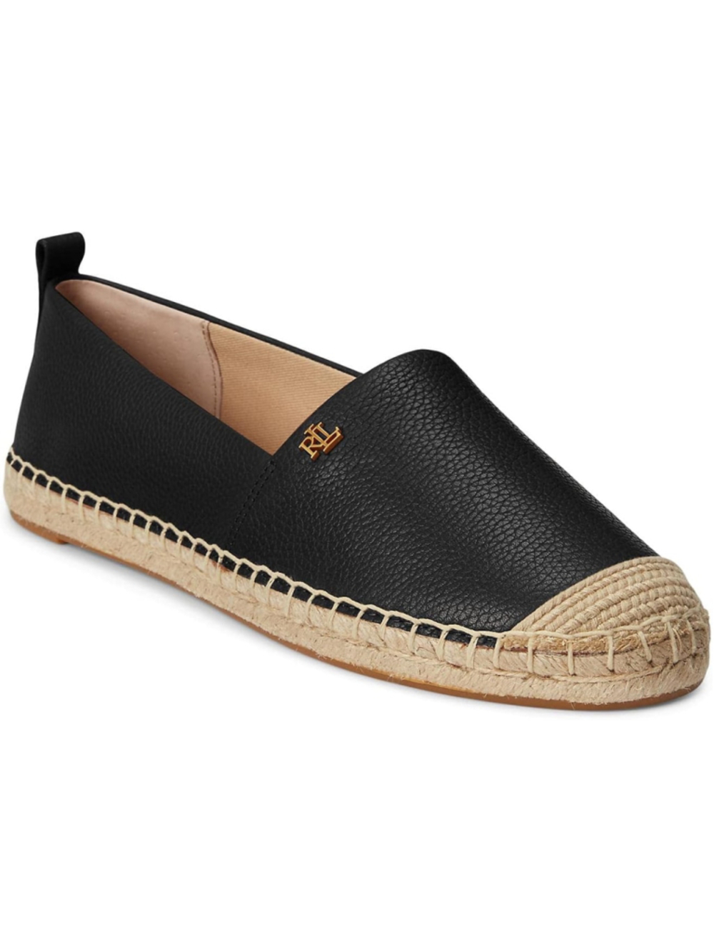 Lauren Ralph Lauren Cameryn Espadrille Black Leather Gold Tone Logo Size 9
